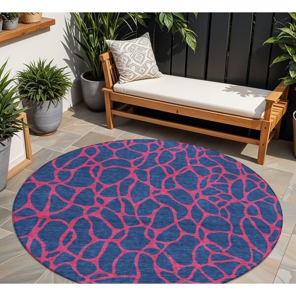 Homeroots 8' Navy Blue And Dark Pink Round Geometric Washable Indoor Outdoor Area Rug 599222 - main