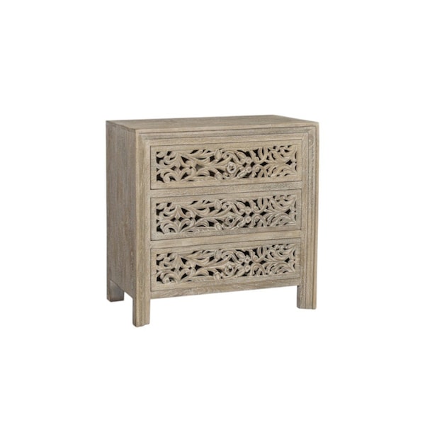 Homeroots 30" Natural Solid Wood Distressed Carved Floral Three Drawer Nightstand 569586 - main