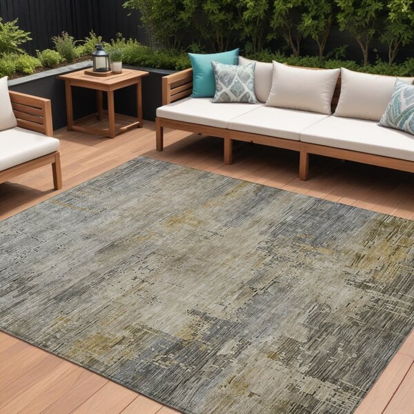 Homeroots 9' X 12' Pewter And Wheat Abstract Washable Indoor Outdoor Area Rug 616248 - main