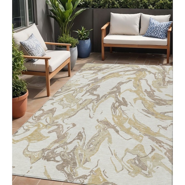 Homeroots 5' X 8' Ivory Gold And Brown Abstract Washable Indoor Outdoor Area Rug 600097 - main