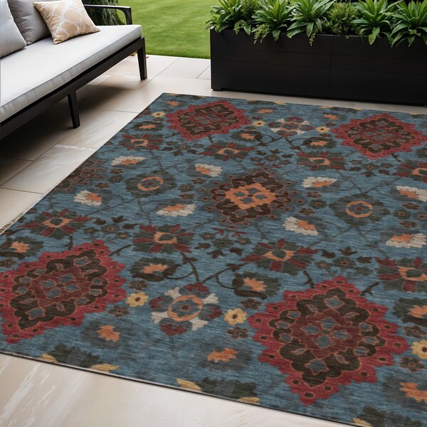 Homeroots 5' X 8' Denim Blue Brick Red And Brown Oriental Washable Indoor Outdoor Area Rug 597681 - main