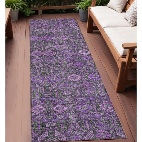 Homeroots 8' Purple And Green Floral Washable Indoor Outdoor Runner Rug 564357 - main