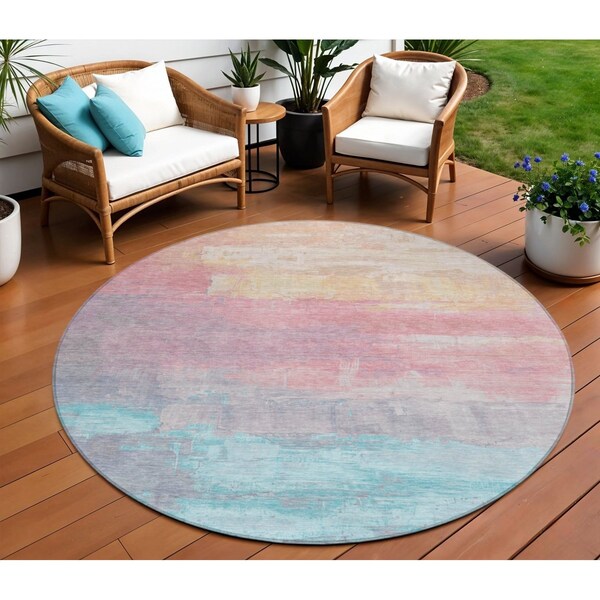 Homeroots 8' Salmon And Beige Round Abstract Washable Indoor Outdoor Area Rug 610963 - main