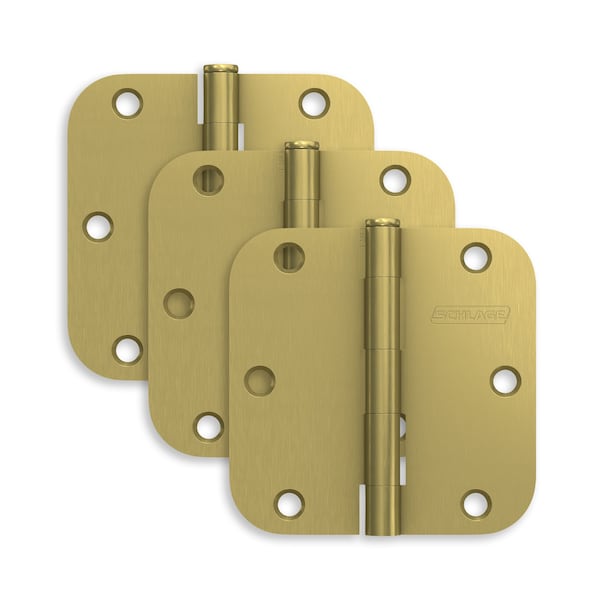 Schlage Residential Pack of 3 3-1/2in x 3-1/2in 5/8in Radius Corner Hinges Satin Brass Finish, 3PK S3P1011FRP608 - main
