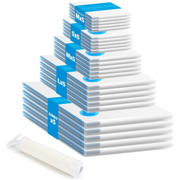 Simple Deluxe HealSmart Vacuum Storage Bags, with Hand Pump, 5 Jumbo/5 Large/5 Medium/5 Small/5 Roll M, 25PK HKBAGXVSTORAGE25MIX - main