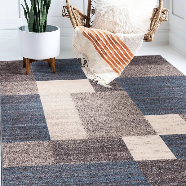 World Rug Gallery Contemporary Modern Geometric Boxes Design Non-Slip Area Rug 4 ft x 6 ft Blue 506BLUE4X6 - main