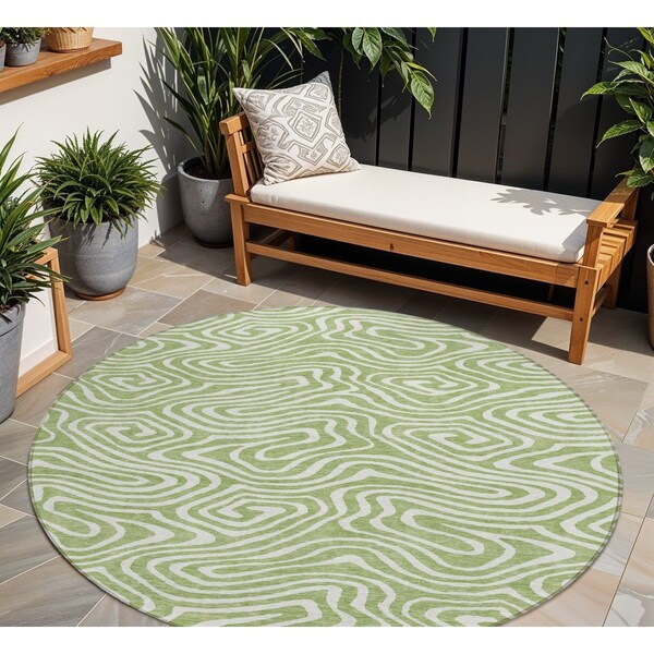 Homeroots 8' Artichoke Green And Ivory Round Abstract Washable Indoor Outdoor Area Rug 598940 - main