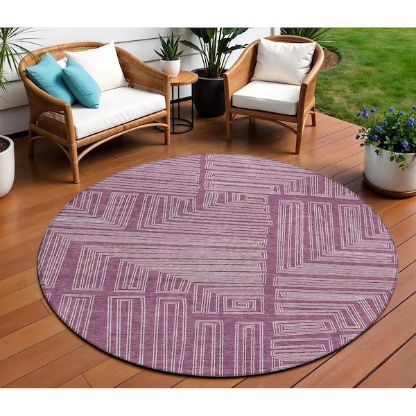 Homeroots 8' Eggplant And Ivory Round Geometric Washable Indoor Outdoor Area Rug 600812 - main