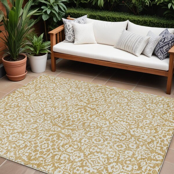 Homeroots 9' X 12' Gold And Beige Damask Washable Indoor Outdoor Area Rug 595149 - main