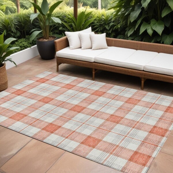 Homeroots 9' X 12' Coral And Beige Plaid Washable Indoor Outdoor Area Rug 601324 - main
