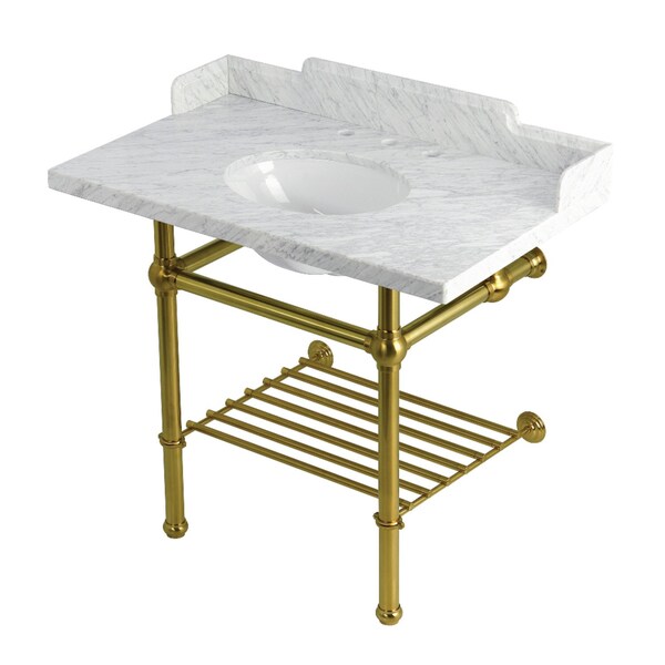 Kingston Brass 36-Inch Carrara Marble Console Sink with Brass Legs and Shelf, 8-Inch, 3-Hole LMS3630MBB7 - main