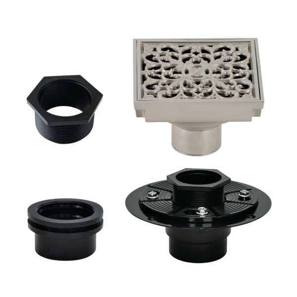 Kingston Brass 4" Brass Square Grid Shower Drain with Hair Strainer and Base Flange, Brushed Nickel BSFK9771BN - main