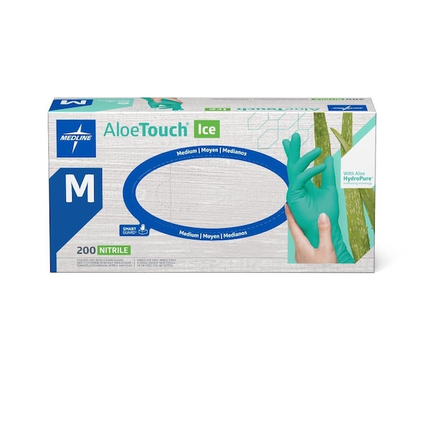 Medline AloeTouch Ice Thin Nitrile Exam Gloves, Size M, 200PK MDS195285H - main