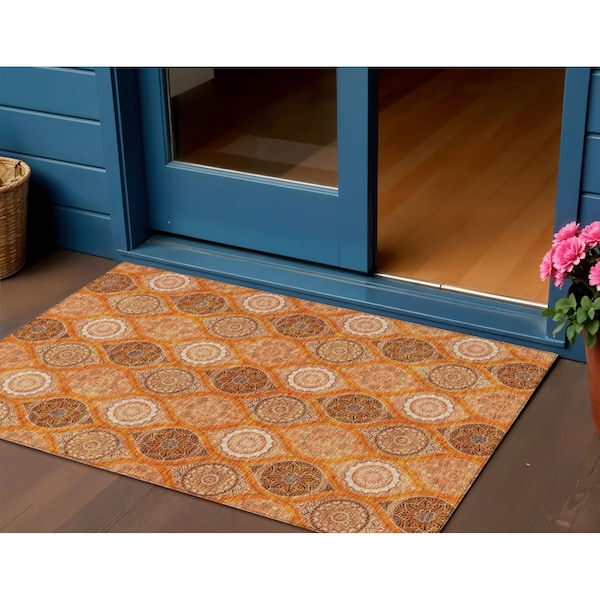 Homeroots 3' X 5' Orange Ivory And Gray Floral Medallion Washable Indoor Outdoor Area Rug 614617 - main