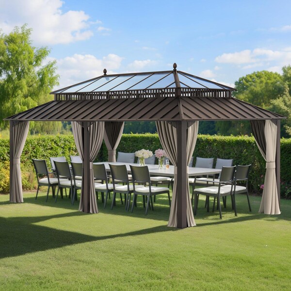 Sunjoy Kingston 20x12 Gazebo, Steel & PC Roof Hardtop Gazebo with Curtain and Netting, Brown Aluminum Posts A1020438A200 - main
