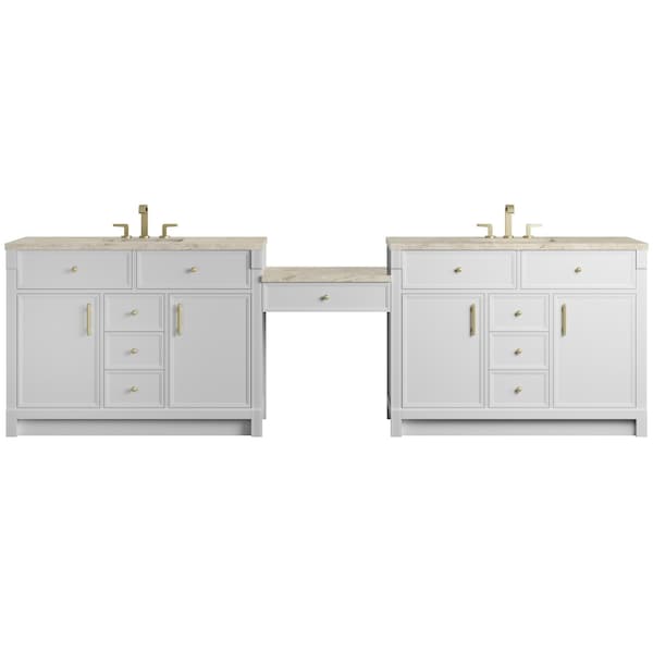 James Martin Vanities Bellshire 120" Dual Vanity Set w/24" Make-Up Counter, Bright White w/3 cm Tajnar Eclos Top w/FreePow 660-VMC120-BW-FTJR - main