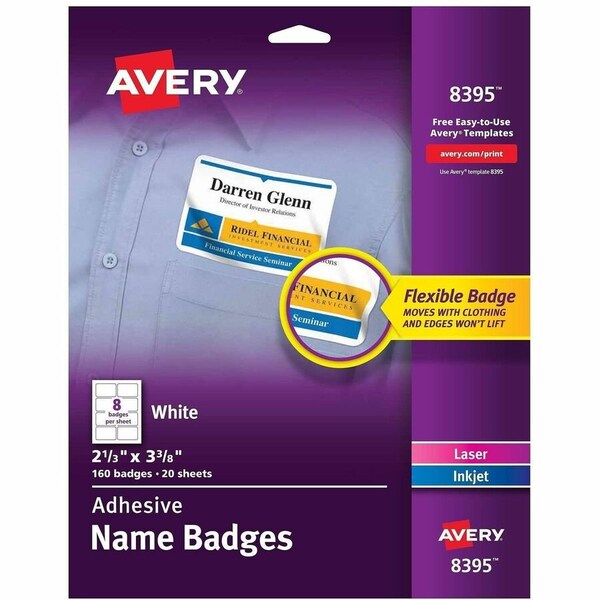 Avery Dennison Avery, FLEXIBLE ADHESIVE NAME BADGE LABELS, 3.38 X 2.33, WHITE, 160PK 8395 - main