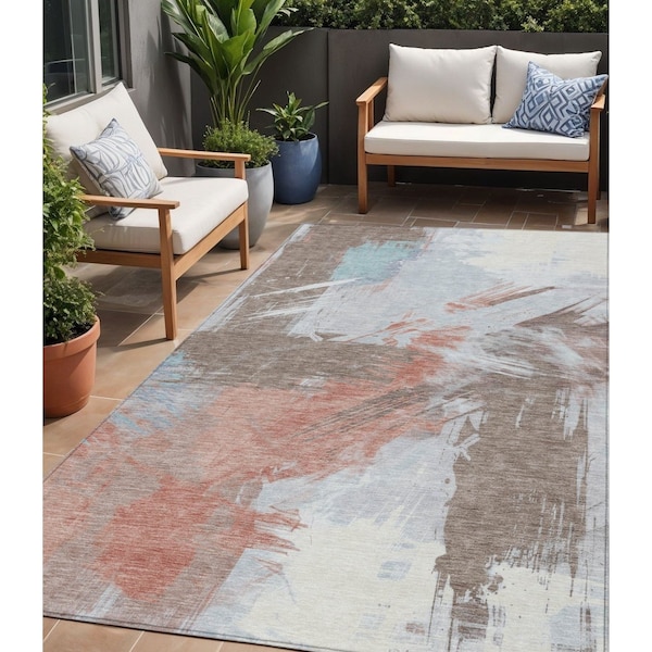 Homeroots 9' X 12' Taupe Copper And Ivory Abstract Washable Indoor Outdoor Area Rug 618500 - main
