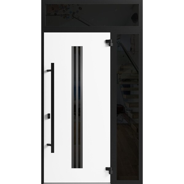 Vdomdoors Front Exterior Prehung Steel Door Ronex1055 Teak Sidelight and Transom Window Sidelite Entry Metal RONEX1055EXD-OAK-W36+16 x H80+16-LH-I - main