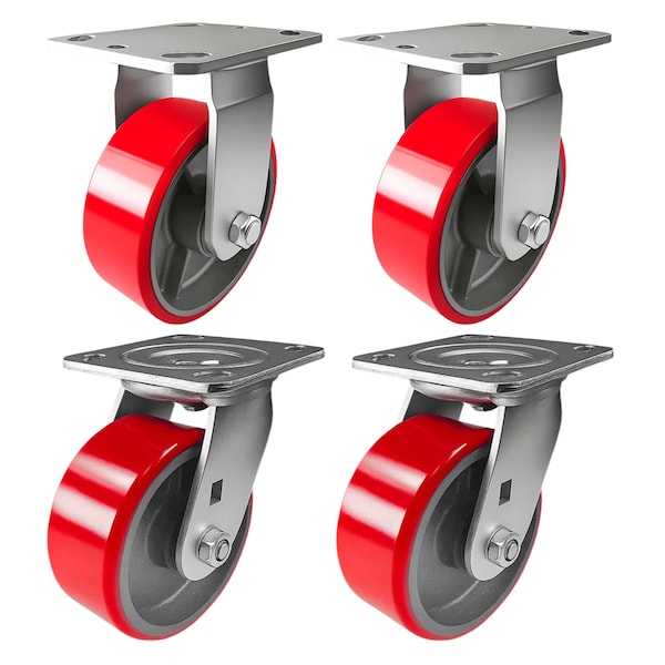 Hyw Products Heavy Duty Caster Set 5in Red Polyurethane on Cast Iron Wheels, 2 Rigid & 2 Swivel, 4PK 40-50R-A1-PC-2,40-50S-A1-PC-2 (R) - main