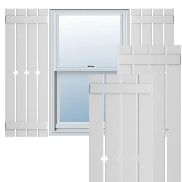 Ekena Millwork True Fit PVC, Four Board Spaced Board-n-Batten Shutters w/Diamond Cutout, Unfinished, 23W x 32H, PR TFP101SD23X032UN - main