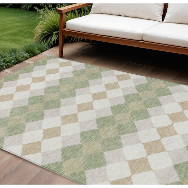Homeroots 8' X 10' Artichoke Green Ivory And Beige Geometric Washable Indoor Outdoor Area Rug 597863 - main