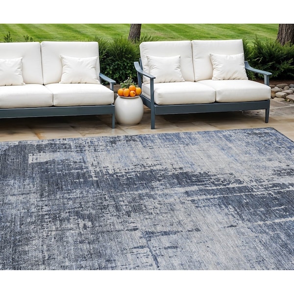 Homeroots 9' X 12' Navy Blue And Sky Blue Abstract Washable Indoor Outdoor Area Rug 587294 - main