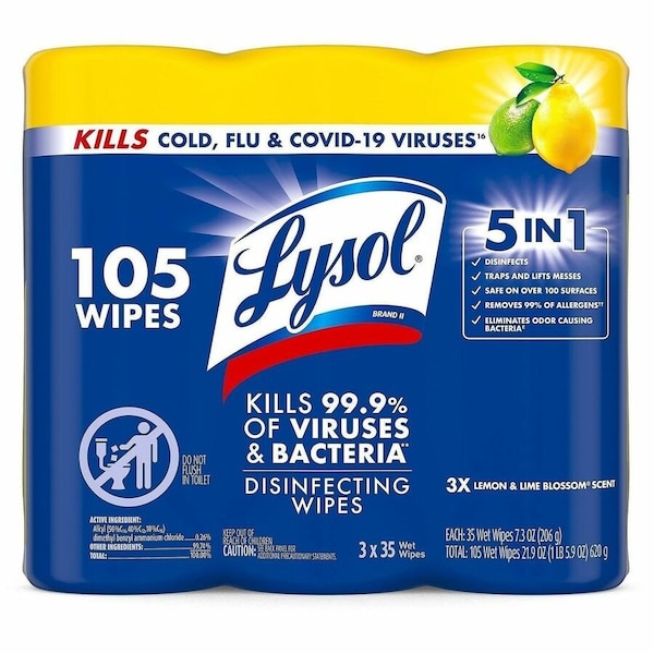 Lysol Disinfecting Wipes 3-pack, Canister, Lemon, White, 105 PK RAC82159 - main