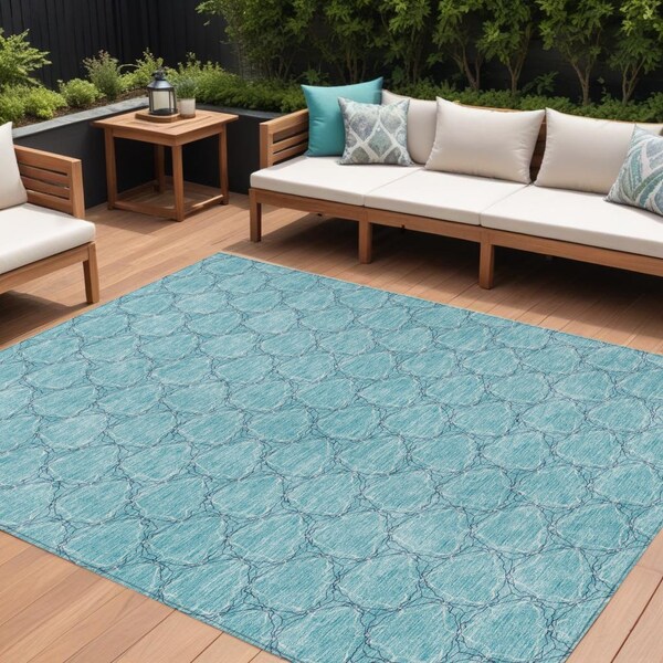 Homeroots 9' X 12' Teal Blue And Navy Blue Geometric Washable Indoor Outdoor Area Rug 613594 - main