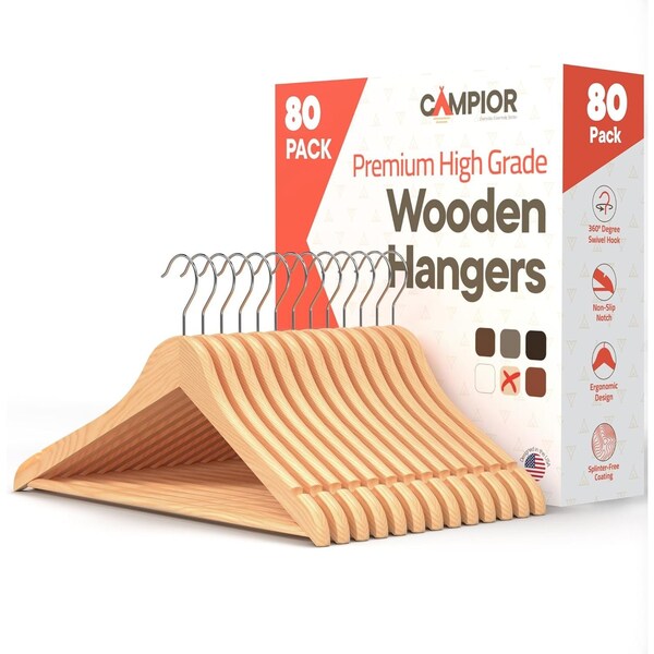Lifemaster Wooden Clothes Hangers, Durable, Non-Slip, Space-Saving, 360 Deg Swivel Hook, Natural Finish, 80PK CMPWH80NL - main