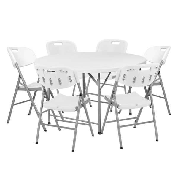 Regency Trestle 6 ft Round Folding Table and 6 Chairs Set, Blow Mold Plastic, Steel Frame, White TBM72RNDWH42WH - main
