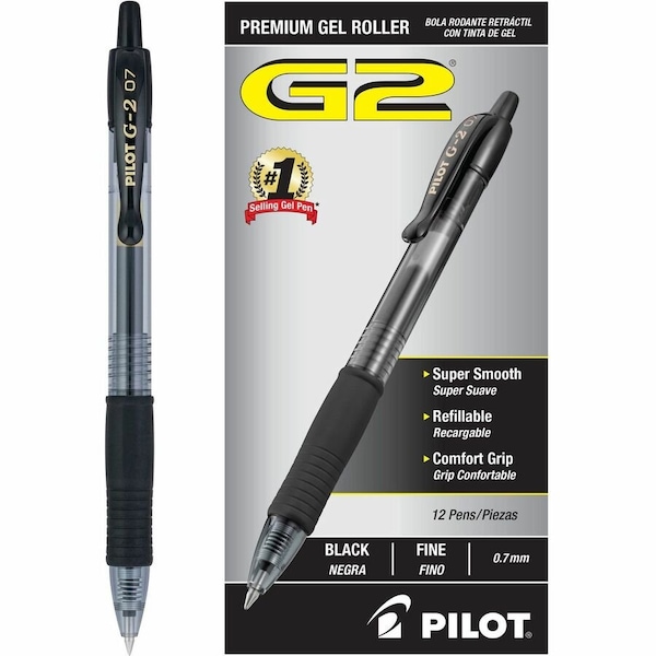 Pilot G2 Gel Retractable Rollerball Pen, Fine, 0.7mm, Black Ink, Dozen 31020 - main
