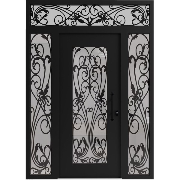Vdomdoors Aluminum Door Iron 1601 Black Entry Steel Metal Classic Painted 64 x 92 (16+36+16 x 80+12)-Left Ins IRON1601EXD-BLK-W16+36+16xH80+12-LH-I - main