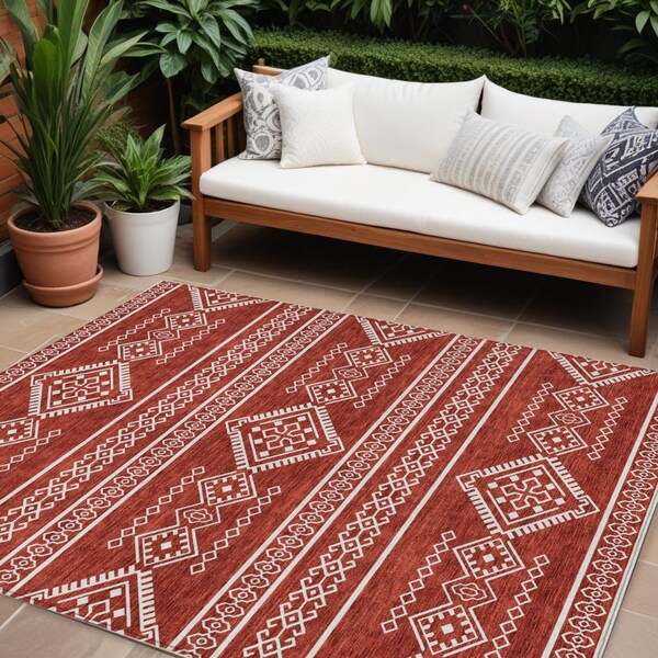 Homeroots 9' X 12' Red And Ivory Southwestern Washable Indoor Outdoor Area Rug 593718 - main