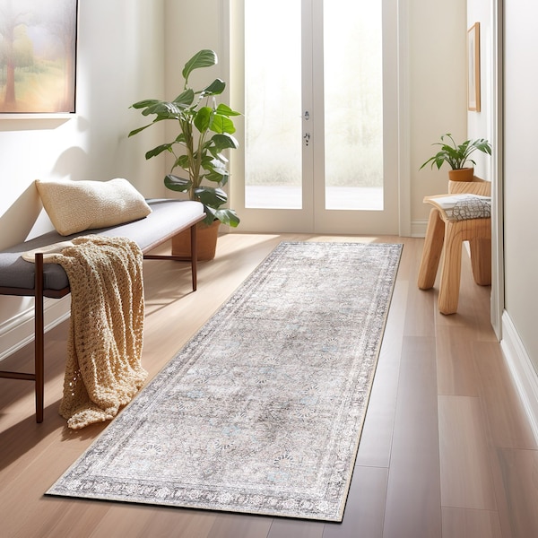 World Rug Gallery Vintage Inspired Machine Washable Non Slip Runner Rug 2 ft 6 in x 12 ft Olive 6029OLIVE26X12 - main