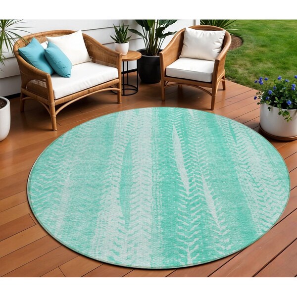 Homeroots 8' Aqua Teal Blue And Ivory Round Botanical Leaves Washable Indoor Outdoor Area Rug 581962 - main