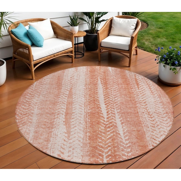 Homeroots 8' Orange And Salmon Round Botanical Leaves Washable Indoor Outdoor Area Rug 581974 - main