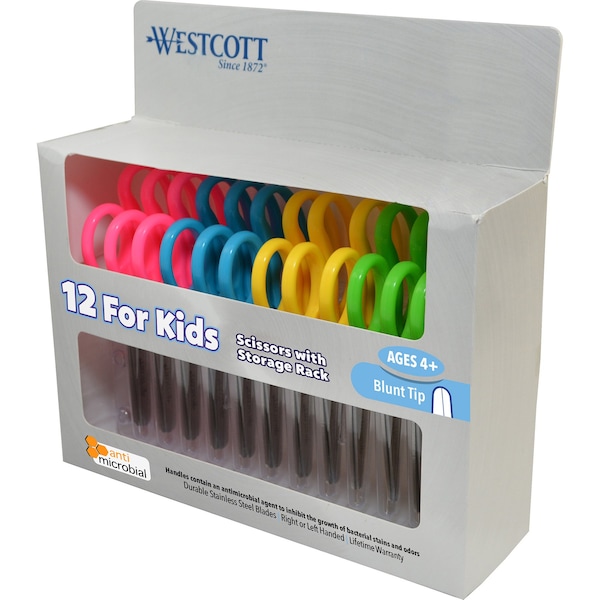 Westcott Kids Blunt 5" Scissors with Storage Rack, Anti-Microbial Protection, Assorted Colors, 12PK 14871 - main