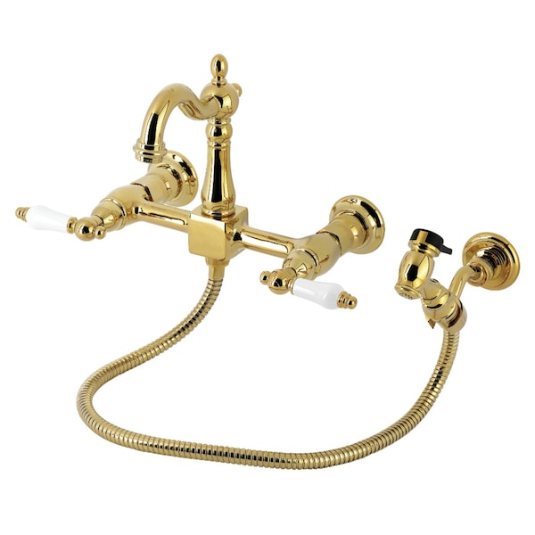 Kingston Brass Two-Handle Wall Mount Bridge Kitchen Faucet with Brass Sprayer, Polished Brass KS2442PLBS - main
