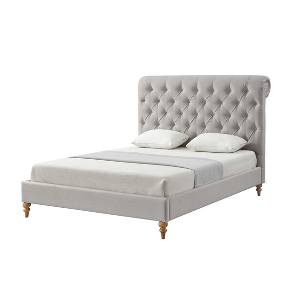 Homeroots Gray Solid Wood King Tufted Upholstered Linen Bed with Nailhead Trim 544948 - main