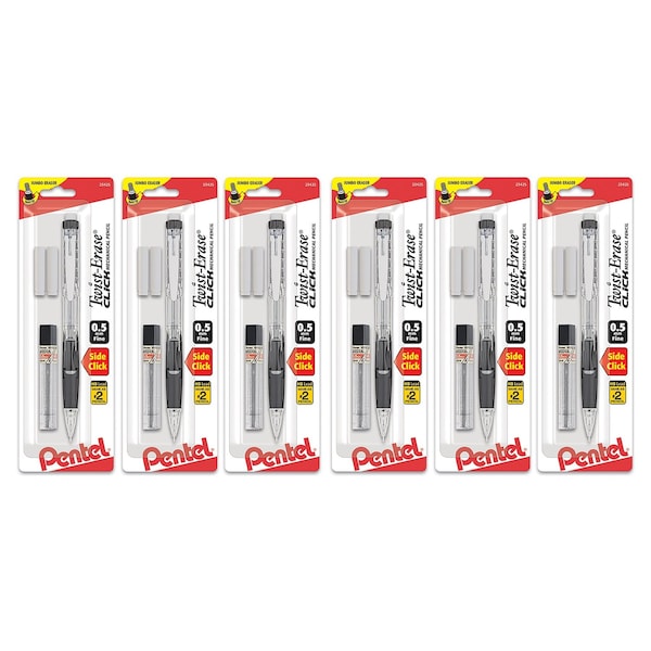 Pentel Twist-Erase Click Mechanical Pencil (0.5mm) Clear Barrel, 1-Pack with Lead & 2 Erasers, 6PK PD275TLEBP - main