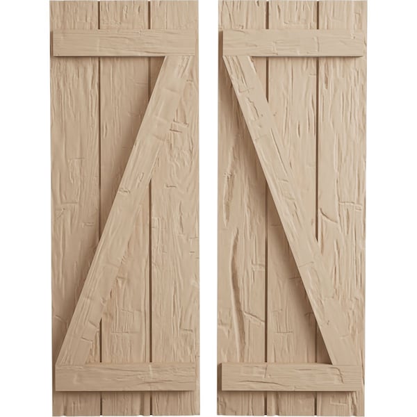 Ekena Millwork Rustic Three Board Joined Board-n-Batten Hand Hewn Faux Wood Shutters w/Z-Board, 16 1/2W x 82H, PR SHUBJZ16X82HHPR - main