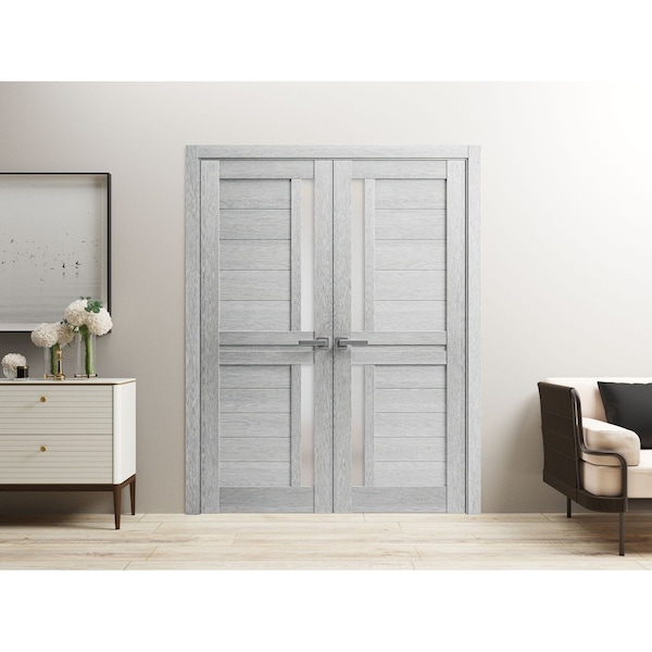 Sartodoors Solid French Double Doors 36 x 80in, Veregio 7288 Light Grey Oak W/ Frosted Glass VEREGIO7288DD-OAK-36 - main