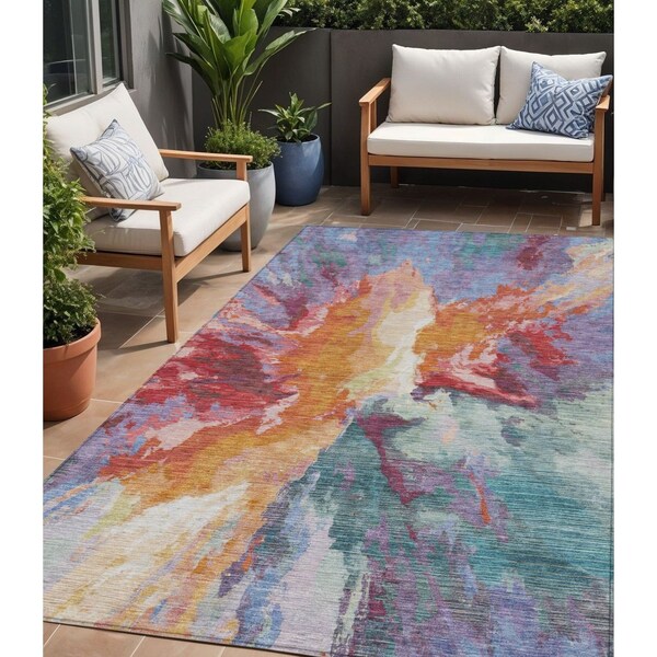 Homeroots 5' X 8' Orange Red And Teal Blue Abstract Washable Indoor Outdoor Area Rug 615615 - main
