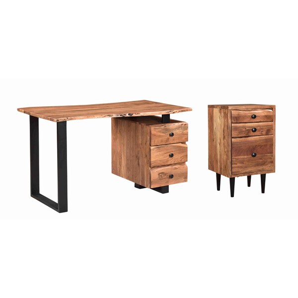 Homeroots 54" Brown and Black Solid Wood and Metal Writing Desk and Bookshelf Set With Three Drawers 634362 - main