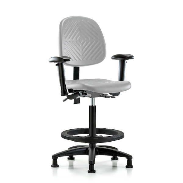 Blue Ridge Ergonomics Poly Chair-High Bench Height with Med Back, Adj Arms, Black Foot Ring, &Stationary Glides in Gray Poly PHBCH-MB-RG-T0-A1-BF-RG-GRY - main