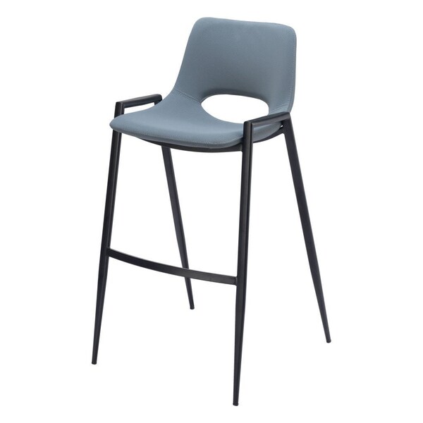 Homeroots Set of Two 30" Blue And Black Faux Leather And Steel Low Back Bar Height Bar Chairs 555659 - main