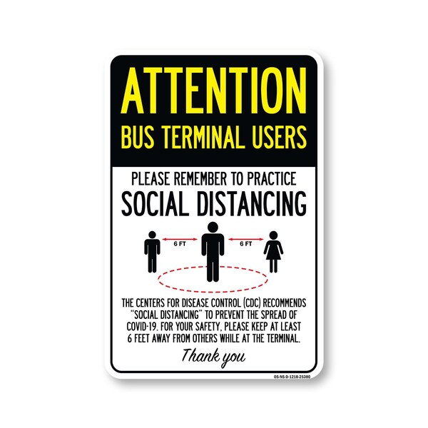 Signmission Public Safety, Bus Terminal Users Practice Social Distancing, 18in X 12in Decal, OS-NS-D-1218-25380 OS-NS-D-1218-25380 - main