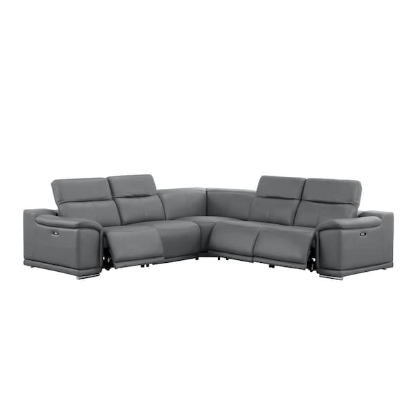 Homeroots Battleship Gray Leather Power Reclining L Shaped Five Piece Corner Sectional 643950 - main