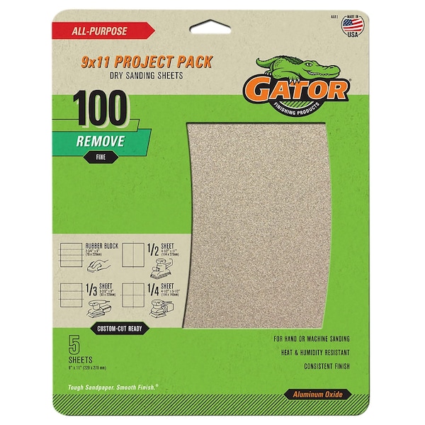 Gator Finishing 9 x 11 Project Pack Dry Sanding Sheets, 100 Grit, Fine, 5PK 4441 - main